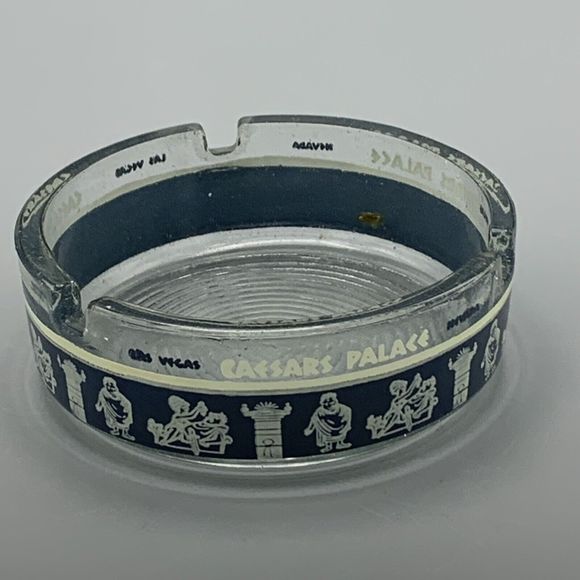 Caesars Palace Las Vegas Nevada Ashtray 1970 Casino Greek Clear Blue Ribbed Base - Picture 3 of 9